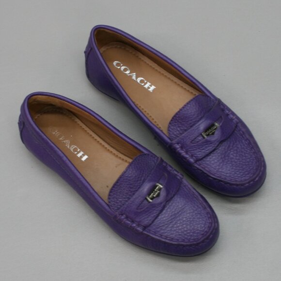 Coach Ladies 5 Penny Loafers Purple Pebbled Leather Classic Moc-toe Shoes Flats - Picture 6 of 12